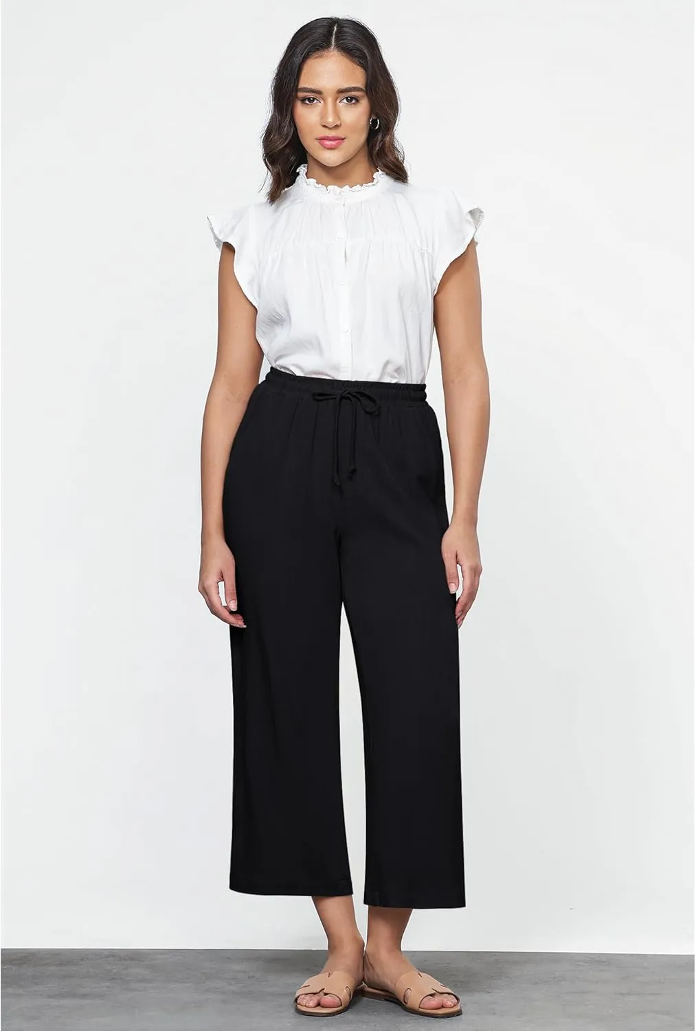 GRAPENT Linen Pants for Women High Waisted Wide Leg Capri Elastic Waist Casual Beach Flowy Cropped Summer Capris Pants