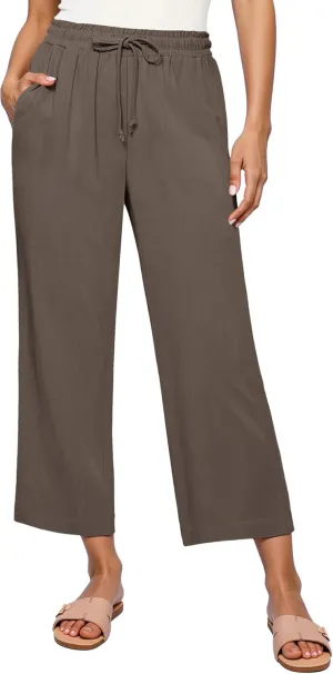 GRAPENT Linen Pants for Women High Waisted Wide Leg Capri Elastic Waist Casual Beach Flowy Cropped Summer Capris Pants