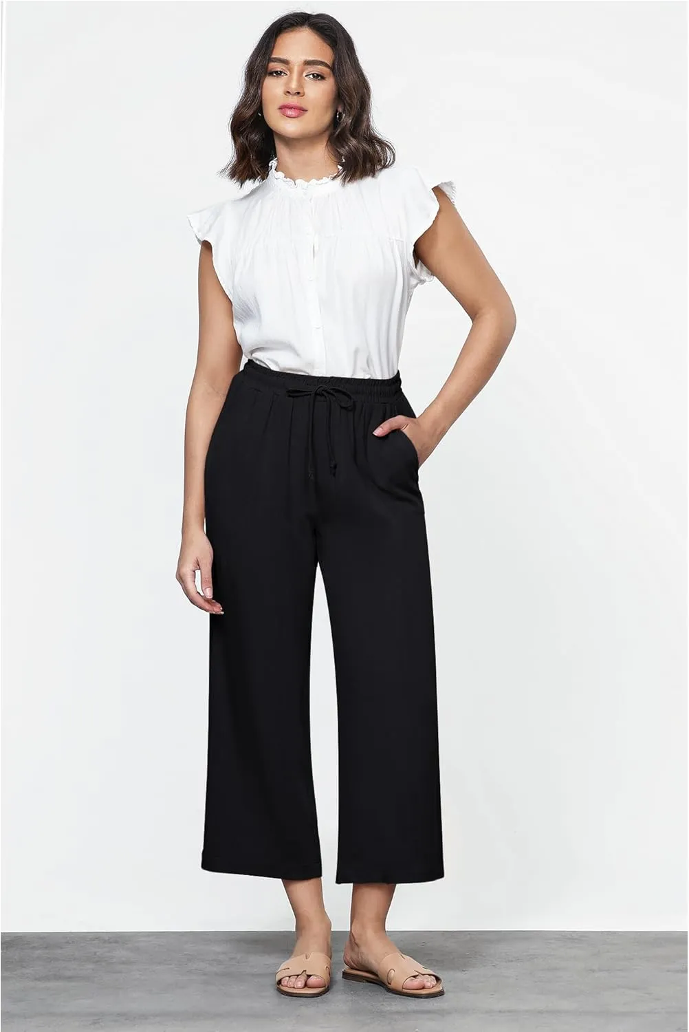 GRAPENT Linen Pants for Women High Waisted Wide Leg Capri Elastic Waist Casual Beach Flowy Cropped Summer Capris Pants