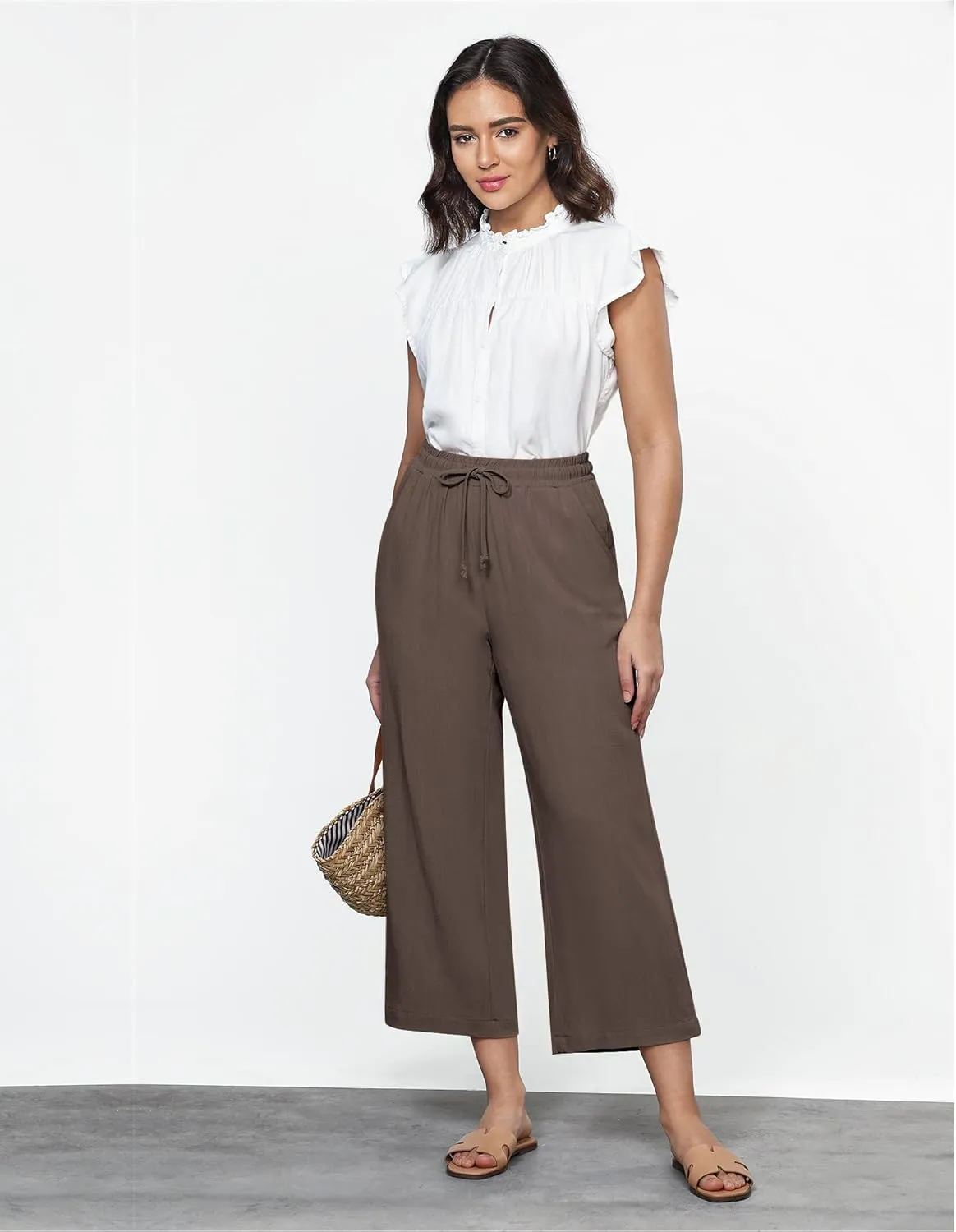 GRAPENT Linen Pants for Women High Waisted Wide Leg Capri Elastic Waist Casual Beach Flowy Cropped Summer Capris Pants