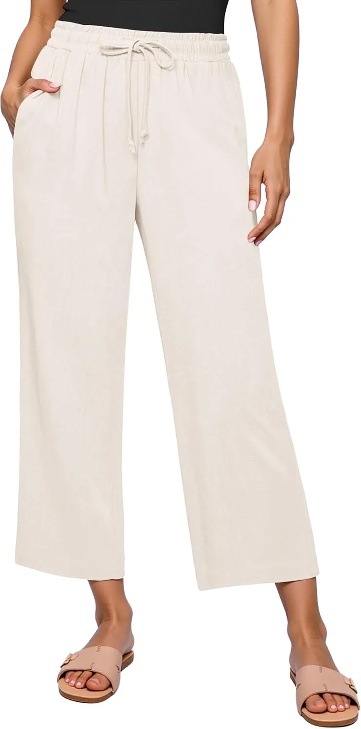 GRAPENT Linen Pants for Women High Waisted Wide Leg Capri Elastic Waist Casual Beach Flowy Cropped Summer Capris Pants