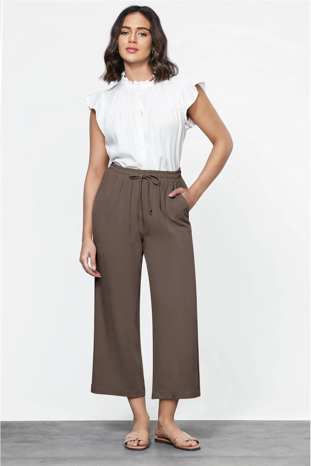 GRAPENT Linen Pants for Women High Waisted Wide Leg Capri Elastic Waist Casual Beach Flowy Cropped Summer Capris Pants