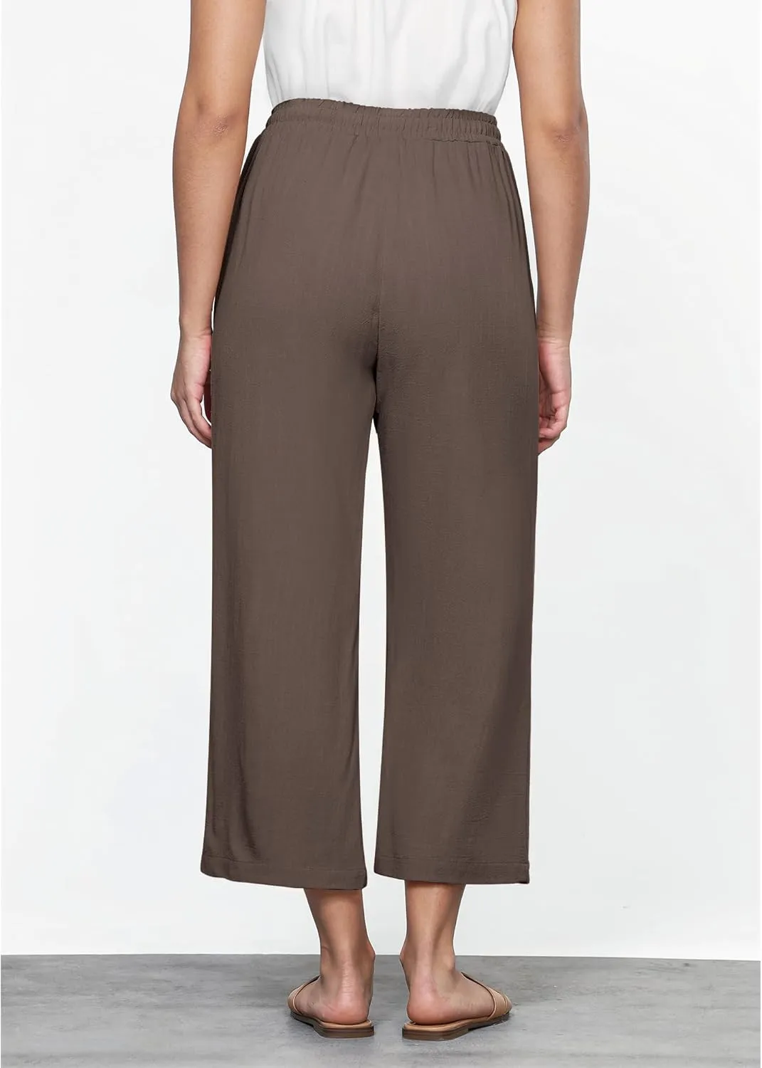 GRAPENT Linen Pants for Women High Waisted Wide Leg Capri Elastic Waist Casual Beach Flowy Cropped Summer Capris Pants