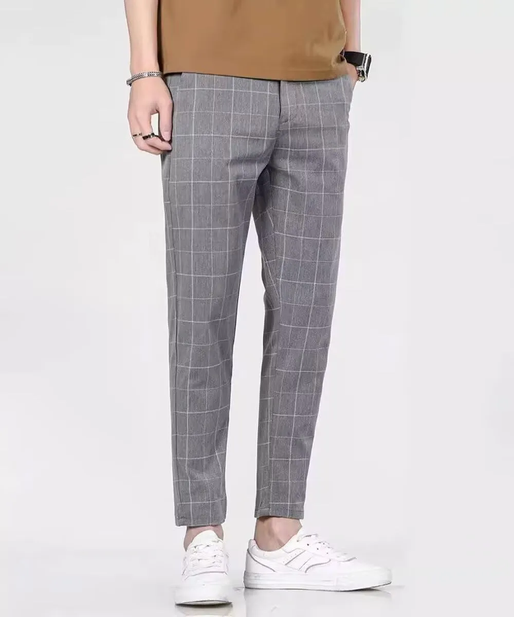 HENGAO Man's Chino Slim-Fit Plaid Pants Flat-Front Style Casual Skinny Fit Pants