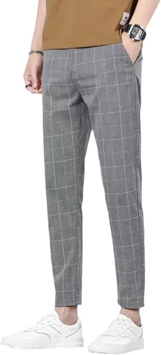 HENGAO Man's Chino Slim-Fit Plaid Pants Flat-Front Style Casual Skinny Fit Pants