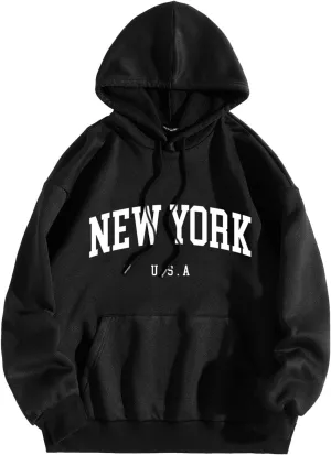 Hoodies for Teen Boys New York Hoodies for Men Letter Print Oversized Sweatshirts Pullover Long Sleeve Drawstring Pockets Fashion Tops Unisex Early 2024