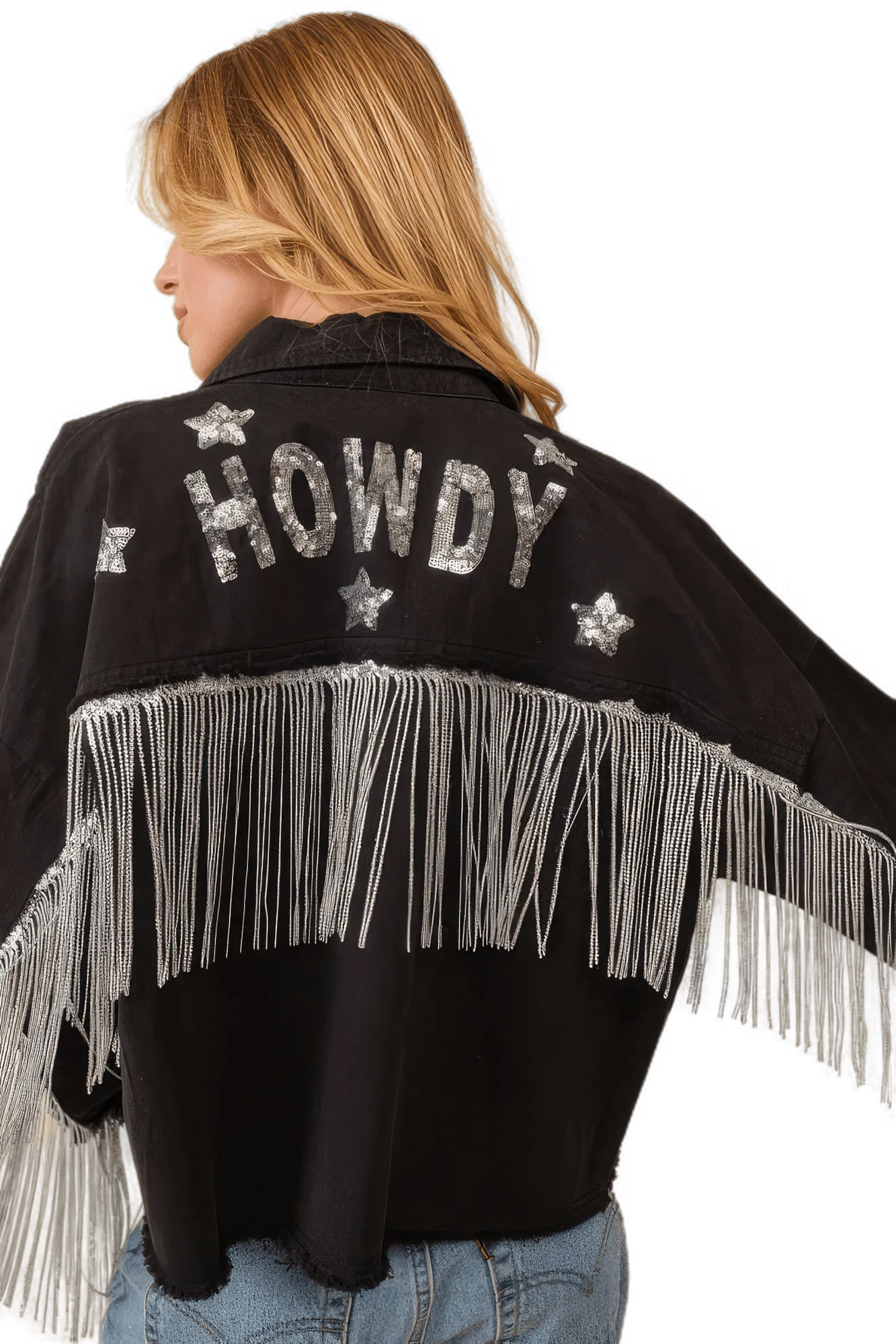 Howdy Sequin Fringe And Star Patches Jacket
