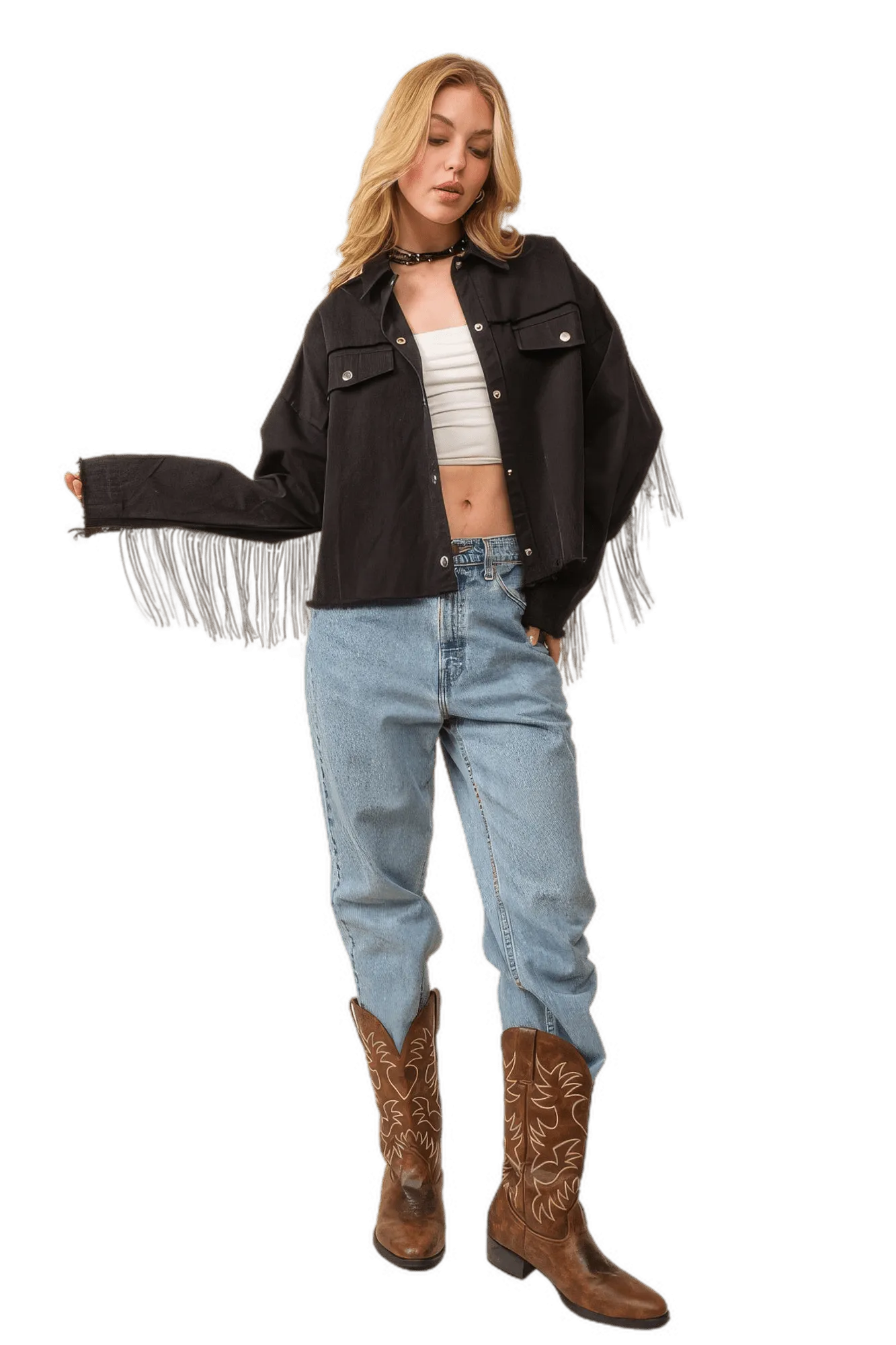 Howdy Sequin Fringe And Star Patches Jacket