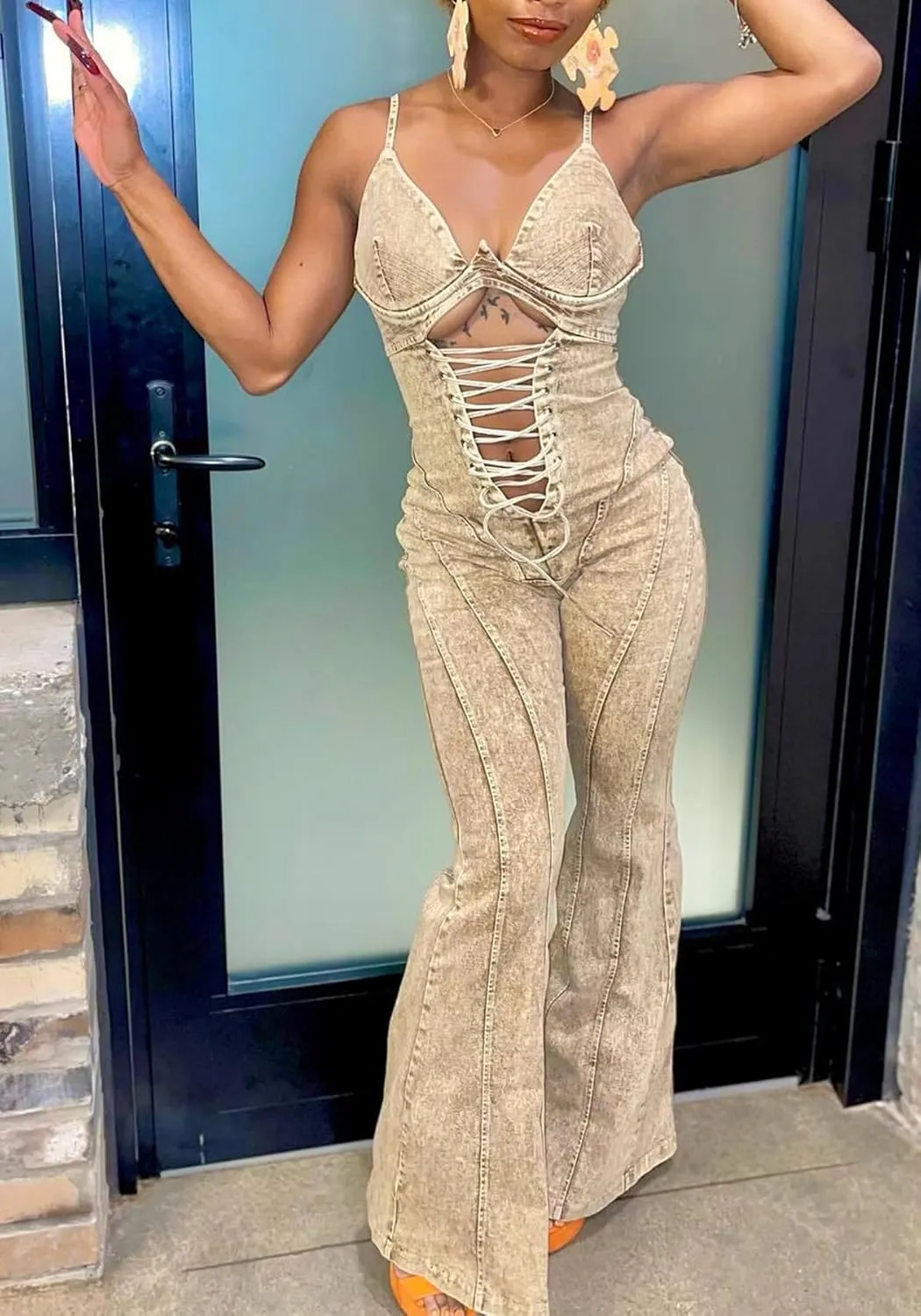 HuiSiFang Women's Denim Jumpsuit Y2k Sexy Bodycon Cut Out Corset Tie Up Bodysuit Party Jean Jumpsuit Clubwear