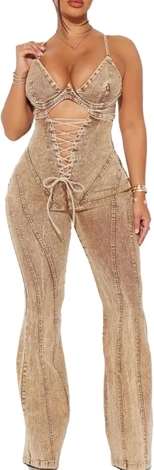 HuiSiFang Women's Denim Jumpsuit Y2k Sexy Bodycon Cut Out Corset Tie Up Bodysuit Party Jean Jumpsuit Clubwear