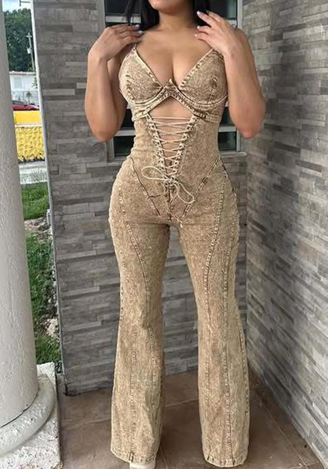 HuiSiFang Women's Denim Jumpsuit Y2k Sexy Bodycon Cut Out Corset Tie Up Bodysuit Party Jean Jumpsuit Clubwear
