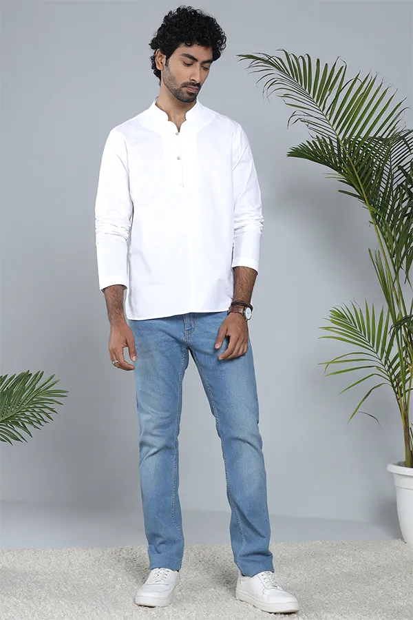 Kaftan neck full sleeve Cotton Qurta shirt with rounded hem