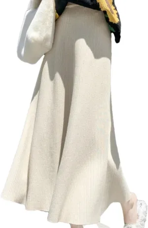Knitted Long Skirts Women Pleated Skirt Female Autumn Winter Loose Midi Skirt Ladies High Waist Skirts