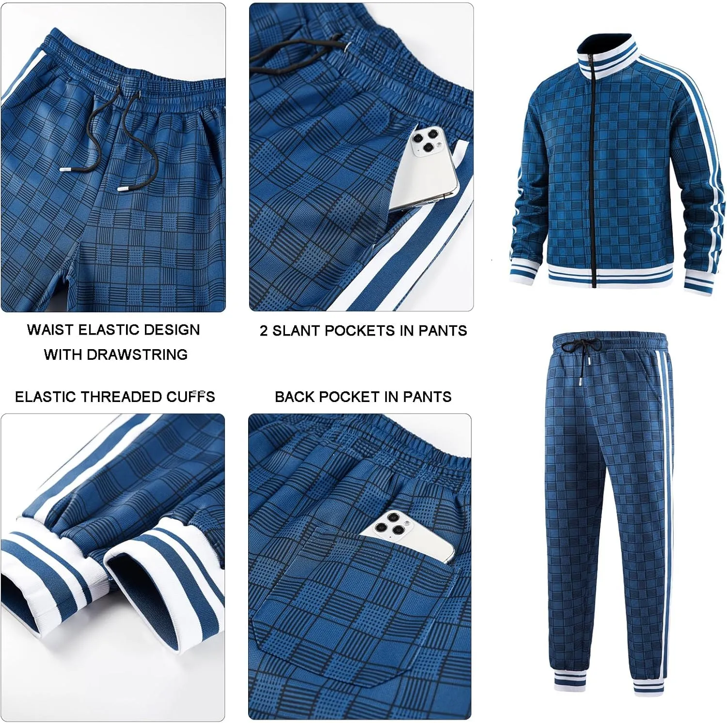 Men Tracksuits Full-zip Long Sleeve Plaid Track Jackets and Pants 2 Piece