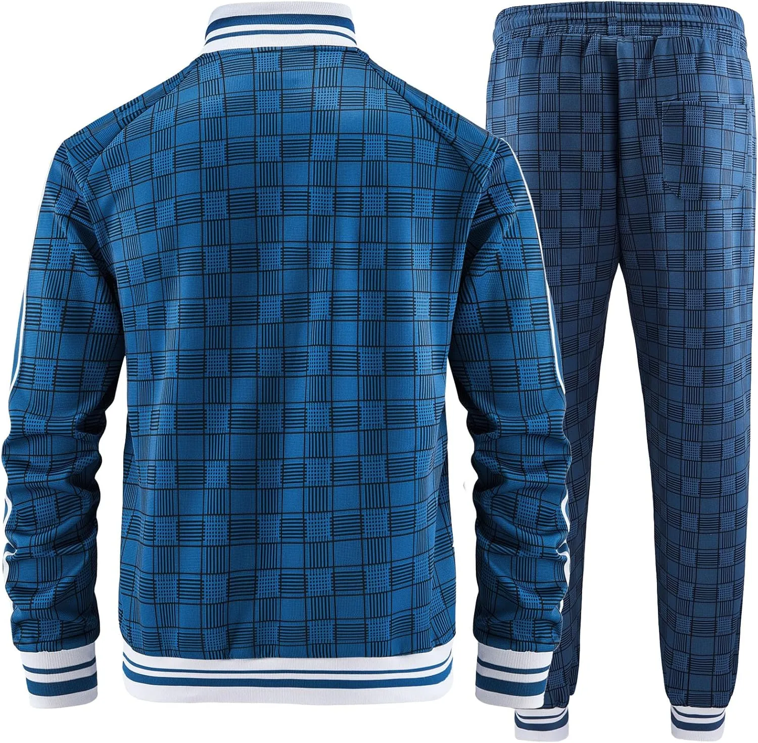 Men Tracksuits Full-zip Long Sleeve Plaid Track Jackets and Pants 2 Piece
