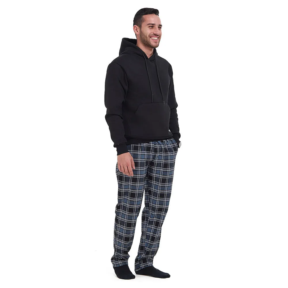 Men Winter Pajama Set Black Hoodie   Black x Indigo Checkered Pants