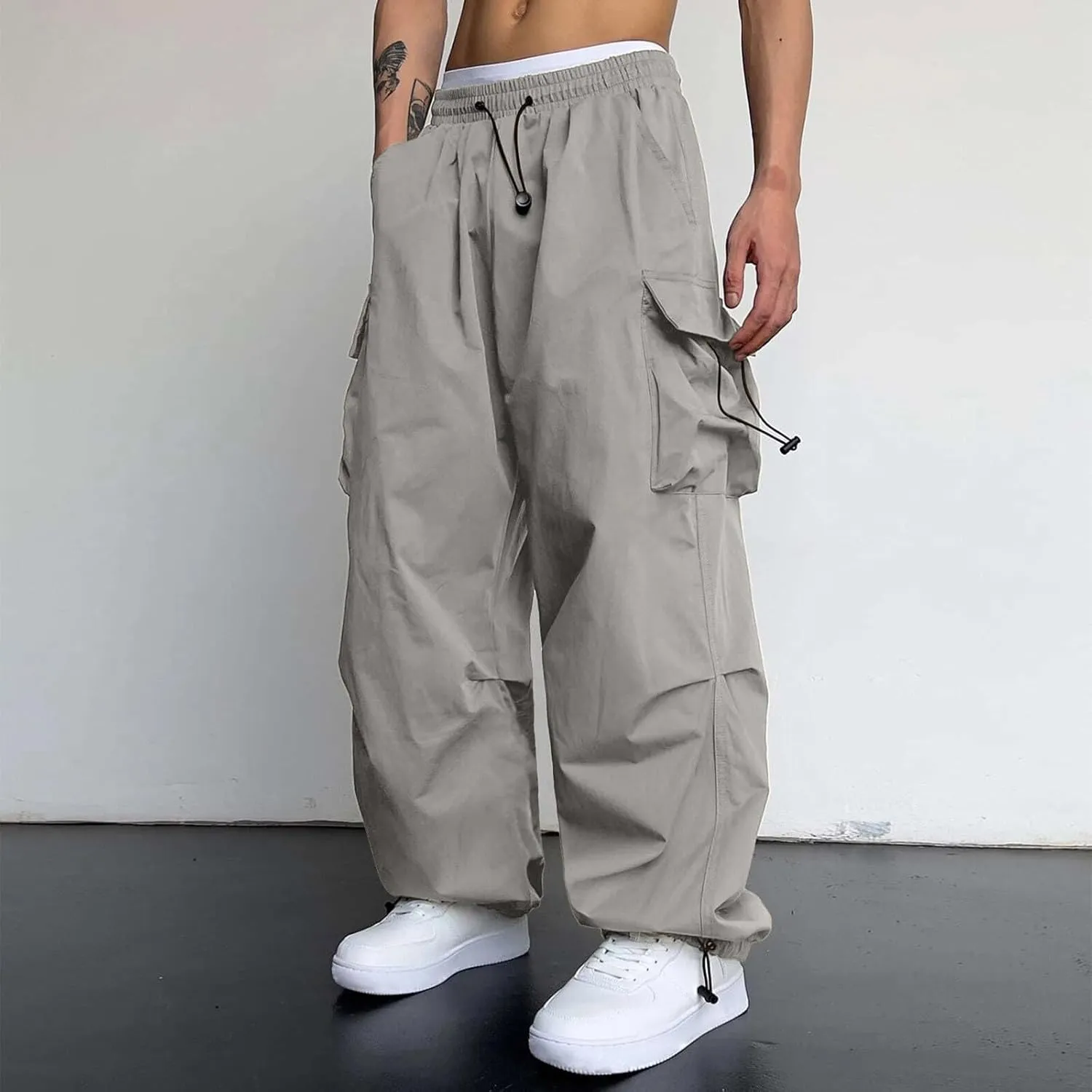 Men's Baggy Cargo Pants Casual Parachute Pants Cotton Elasticated Loose Fit Streetwear Multi Pockets