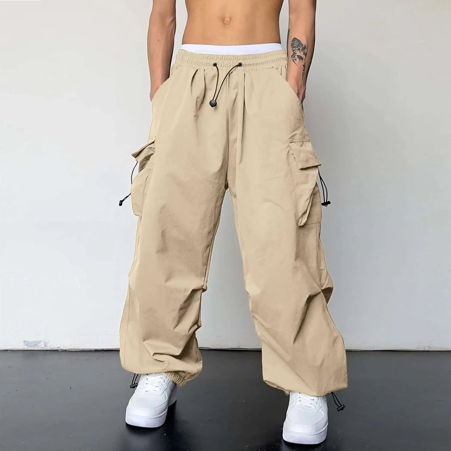 Men's Baggy Cargo Pants Casual Parachute Pants Cotton Elasticated Loose Fit Streetwear Multi Pockets