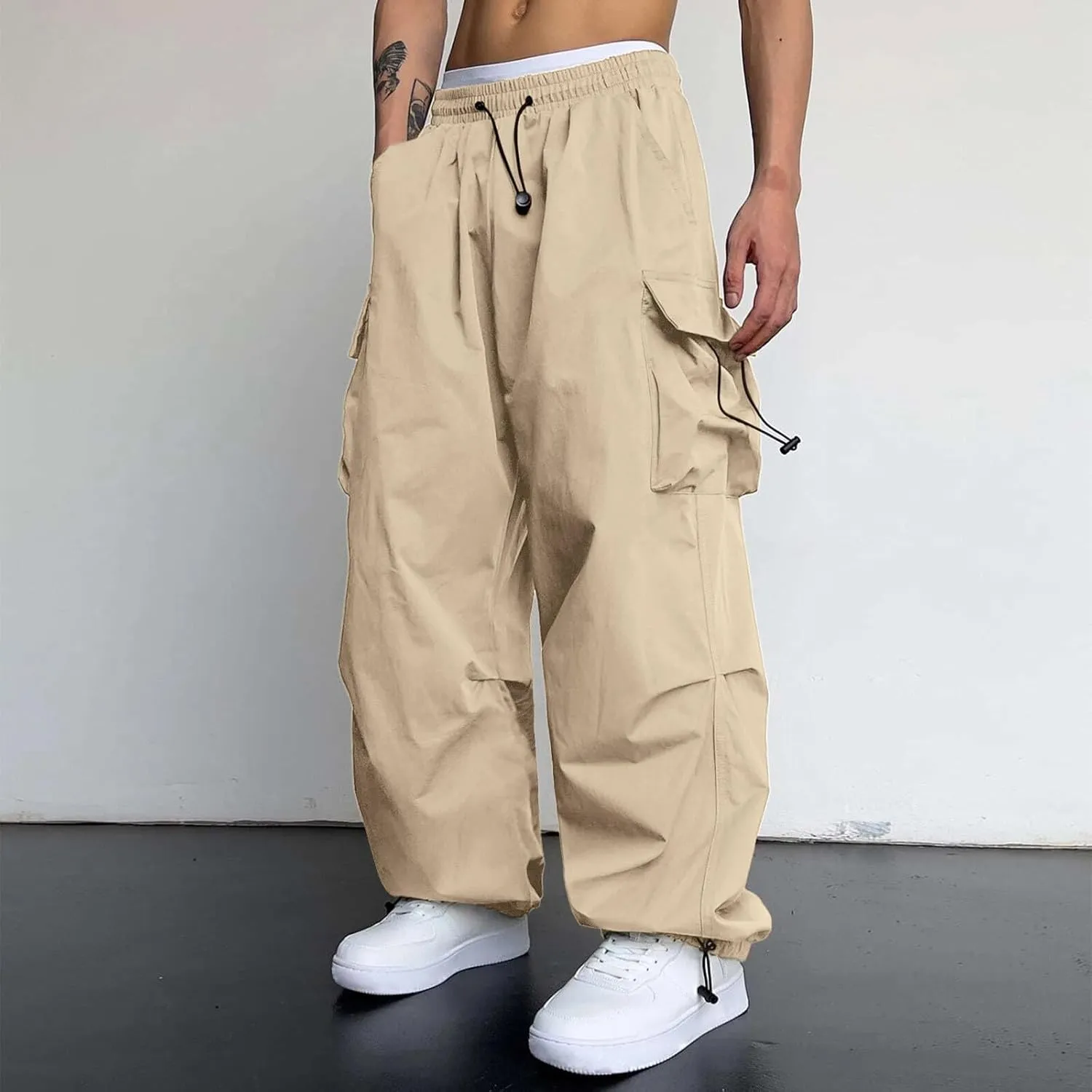 Men's Baggy Cargo Pants Casual Parachute Pants Cotton Elasticated Loose Fit Streetwear Multi Pockets