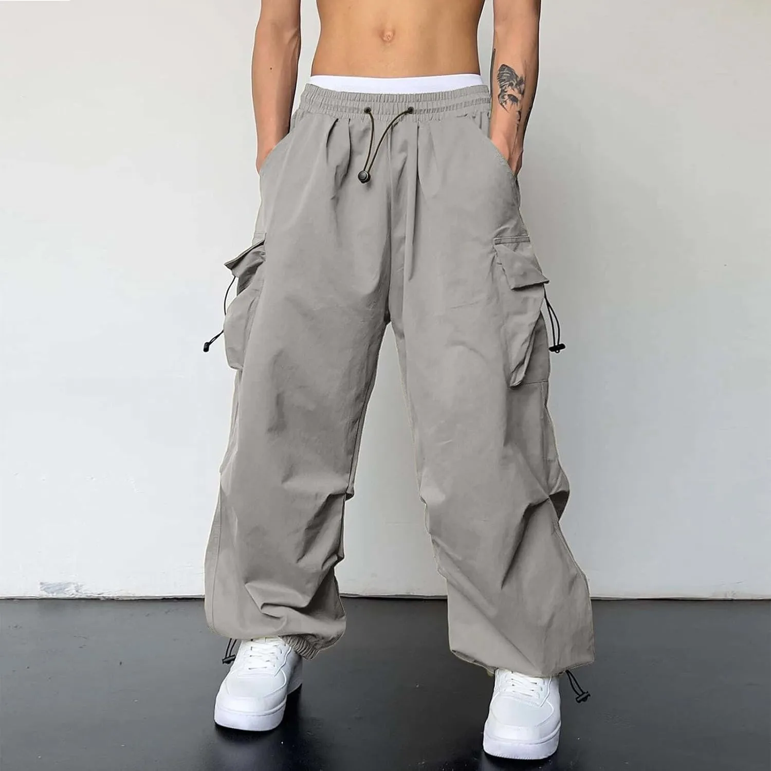 Men's Baggy Cargo Pants Casual Parachute Pants Cotton Elasticated Loose Fit Streetwear Multi Pockets