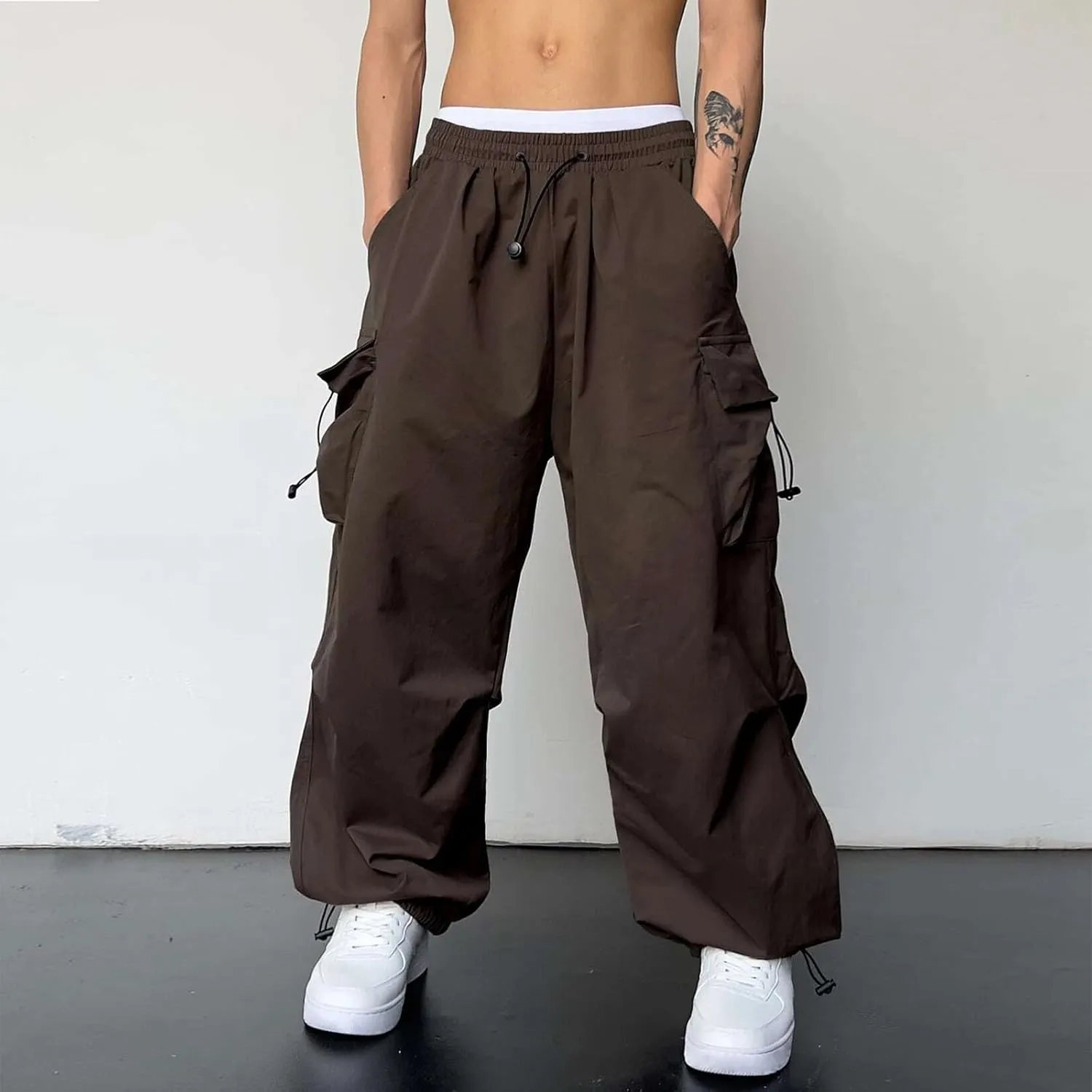 Men's Baggy Cargo Pants Trendy Casual Parachute Pant Elastic Waist Loose Fit Streetwear Multi Pockets