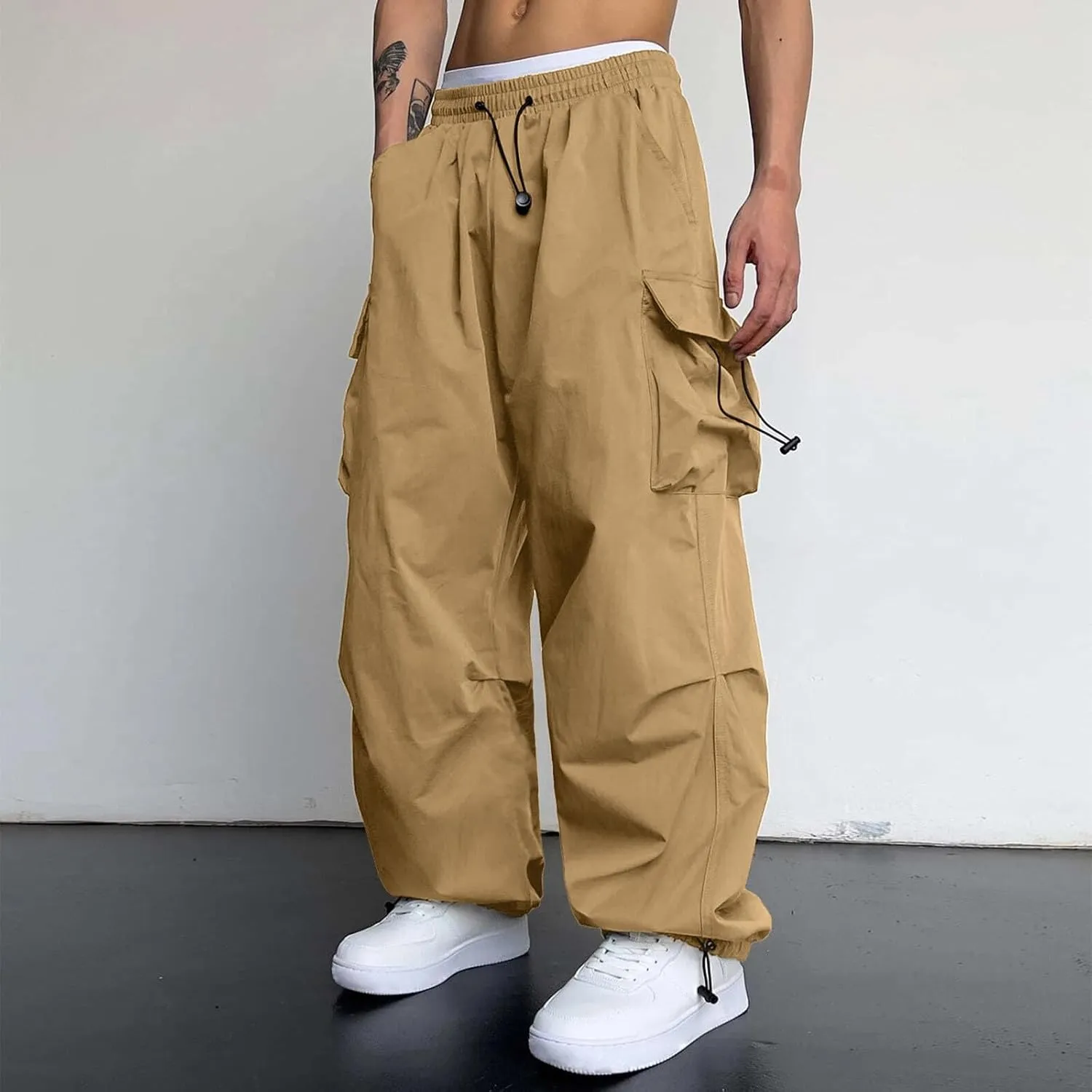Men's Cargo Pant Drawstring Waist Casual Loose Fit Wide Leg Combat Work Pant with Pockets