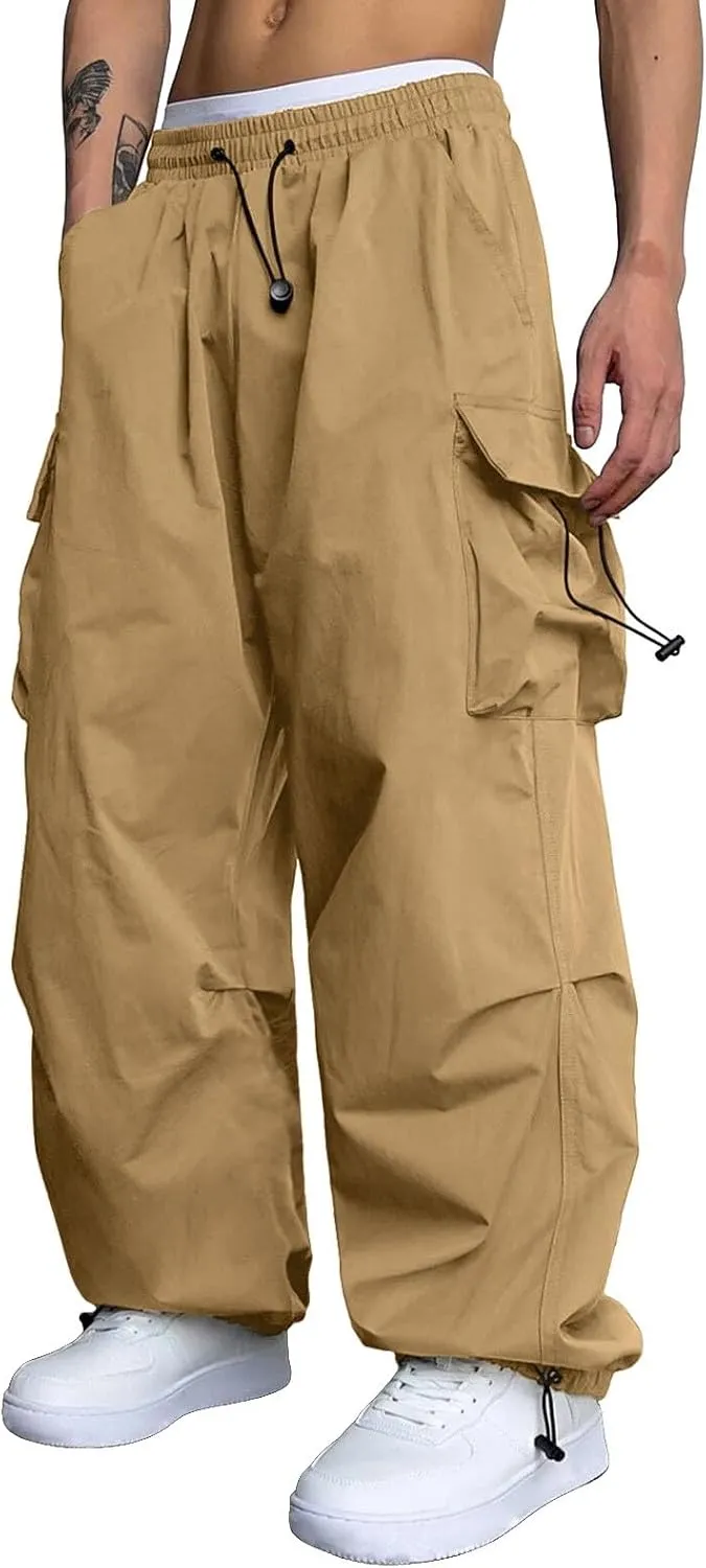 Men's Cargo Pant Drawstring Waist Casual Loose Fit Wide Leg Combat Work Pant with Pockets
