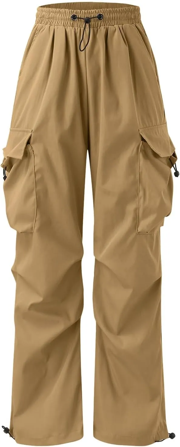 Men's Cargo Pant Drawstring Waist Casual Loose Fit Wide Leg Combat Work Pant with Pockets