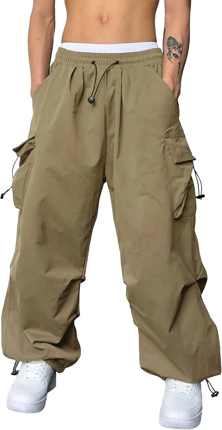 Men's Cargo Pants Casual Wide Leg Drawstring Waist Pant Hiking Pant with Multiple Pockets