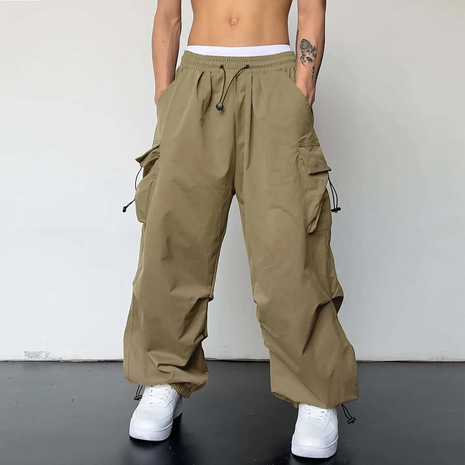 Men's Cargo Pants Casual Wide Leg Drawstring Waist Pant Hiking Pant with Multiple Pockets