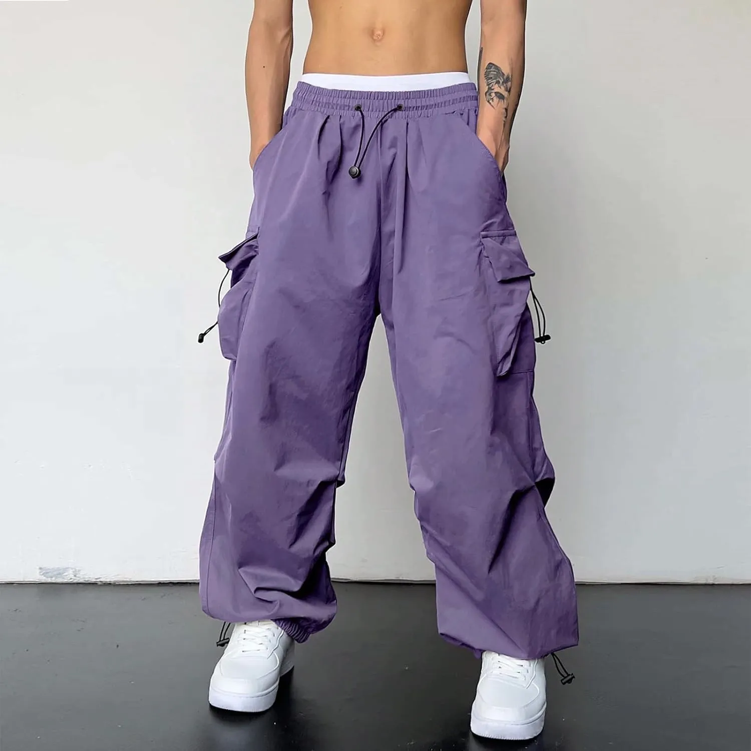 Mens Cargo Pants Elastic Waist Work Pant Multi Pockets Casual Cotton Hip Hop Parachute Pants