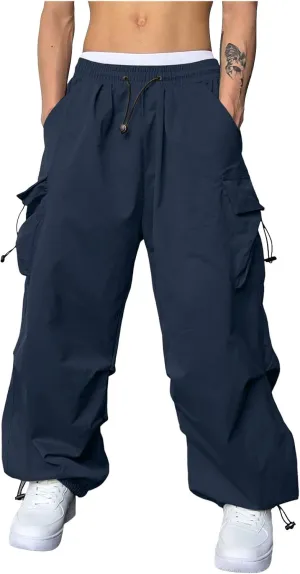 Mens Cargo Pants Elastic Waist Work Pant Multi Pockets Casual Cotton Hip Hop Parachute Pants