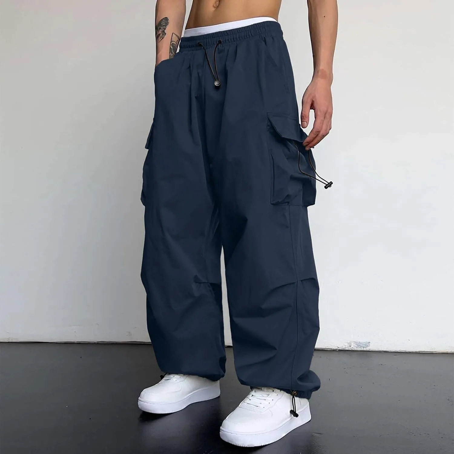 Mens Cargo Pants Elastic Waist Work Pant Multi Pockets Casual Cotton Hip Hop Parachute Pants
