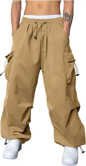 Mens Cargo Pants Elastic Waist Work Pant Multi Pockets Casual Cotton Hip Hop Parachute Pants