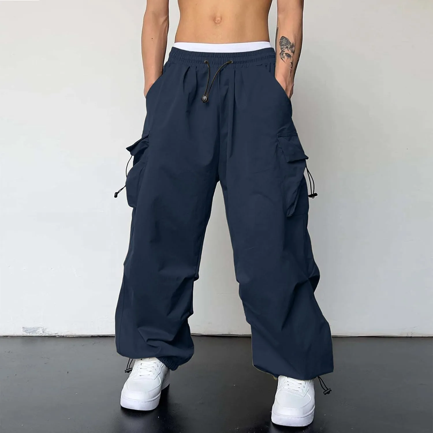 Mens Cargo Pants Elastic Waist Work Pant Multi Pockets Casual Cotton Hip Hop Parachute Pants