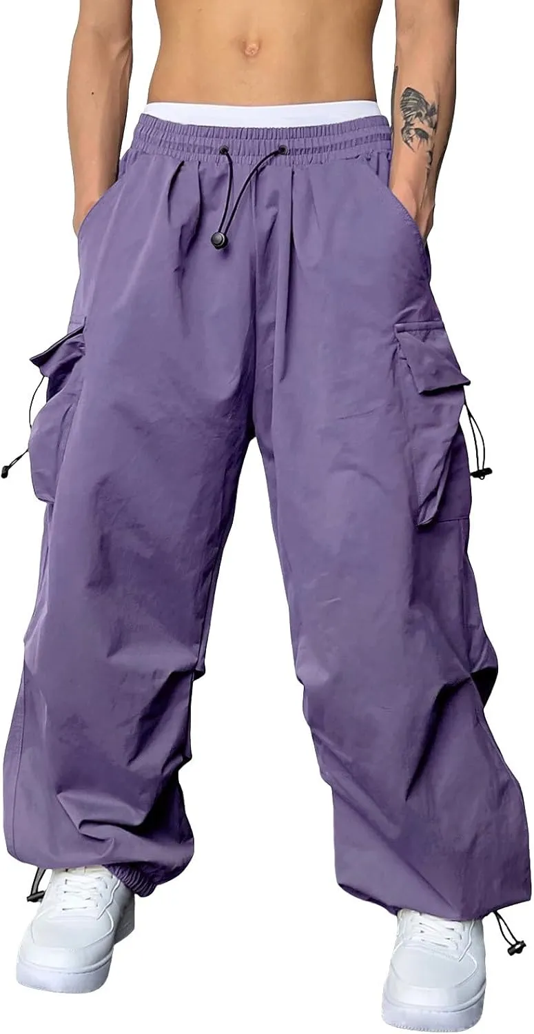 Mens Cargo Pants Elastic Waist Work Pant Multi Pockets Casual Cotton Hip Hop Parachute Pants