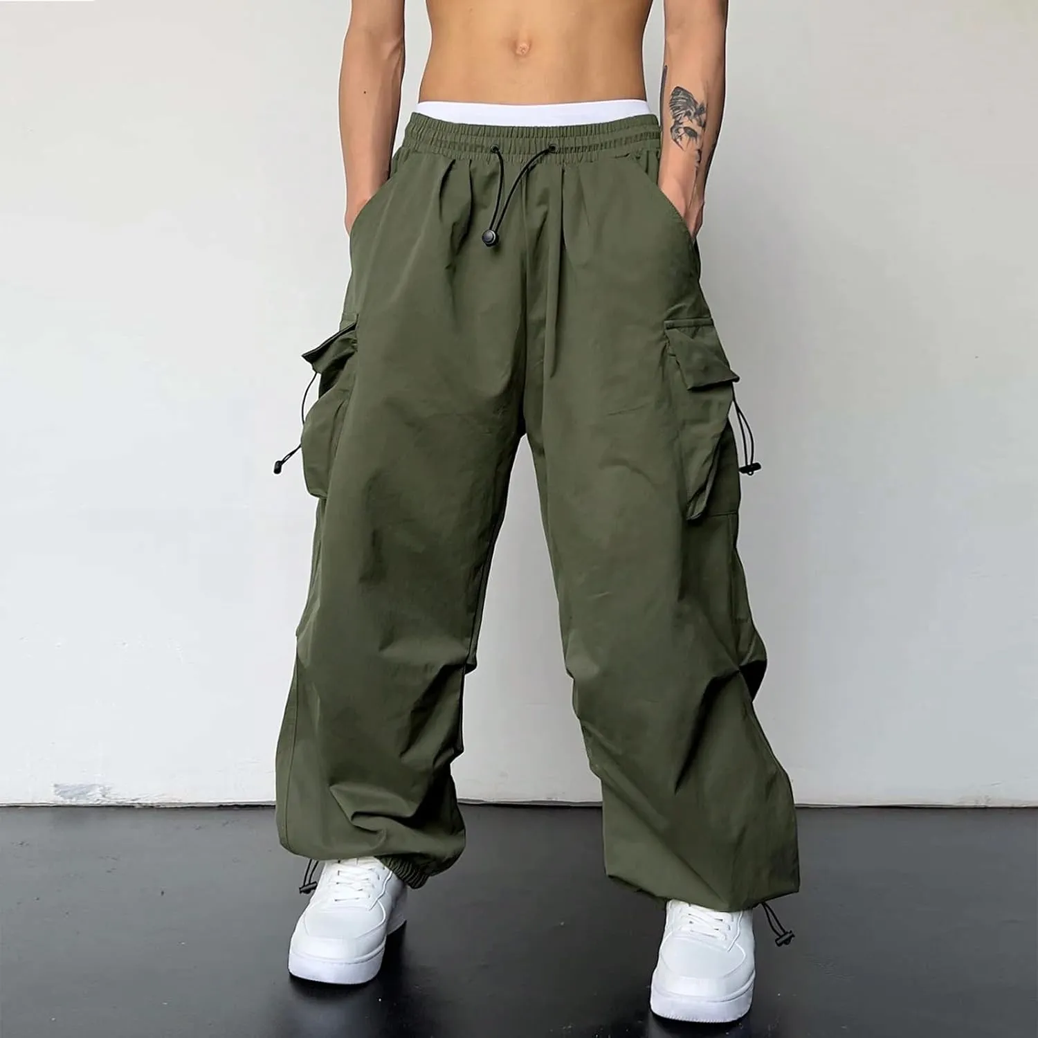 Men's Cargo Pants Loose Fit Casual Joggers Drawstring Elastic Waist Track Pants Multi Pockets
