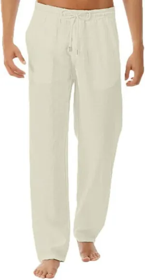 Mens Casual Pants Relaxed Fit Elastic Waist Baggy Linen Pants Lightweight Drawstring Summer Beach Yoga Trousers with Pockets