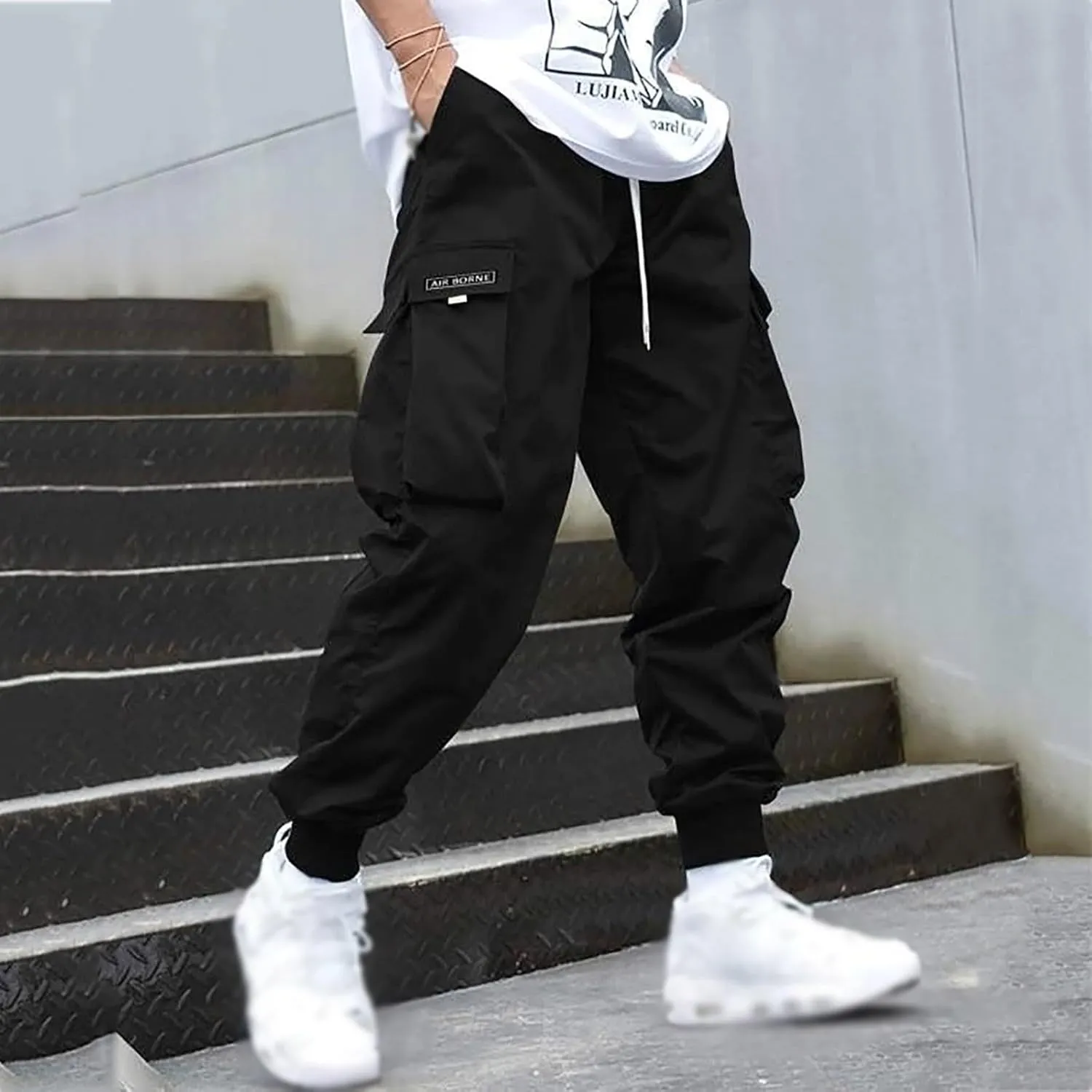 Men's Fashion Joggers Cargo Pants Drawstring Waist Work Sports Pants Baggers Hiking Trousers with Pockets