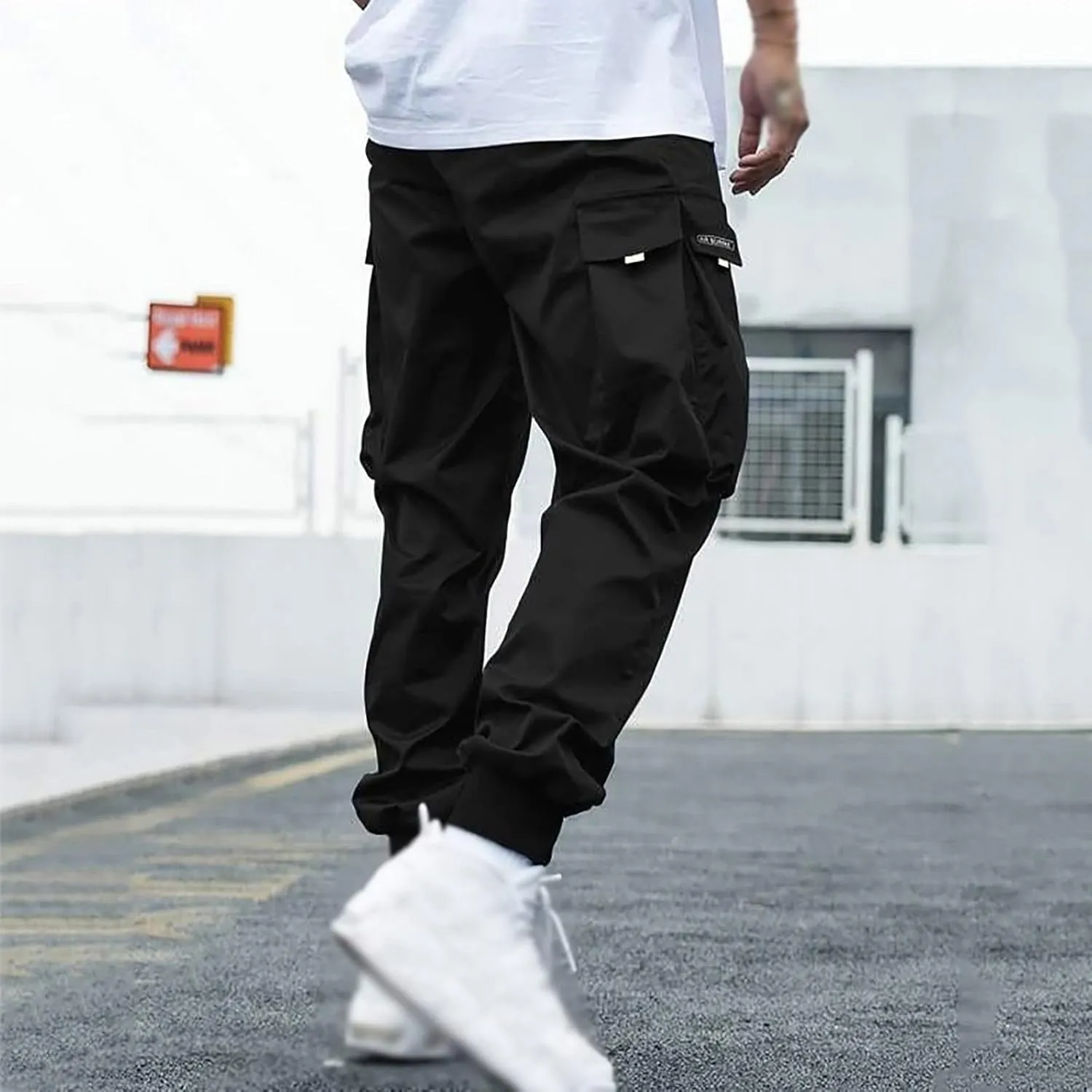 Men's Fashion Joggers Cargo Pants Drawstring Waist Work Sports Pants Baggers Hiking Trousers with Pockets
