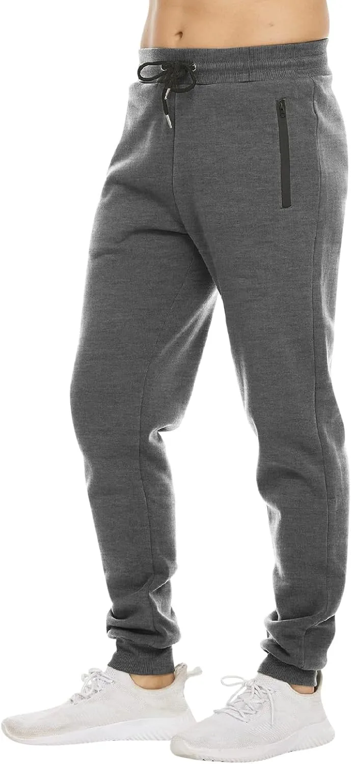 Mens Fleece Casual Sweatpants with Zipper Pockets Plus Size Solid Slim Fit Baggy Joggers Outdoor Atheltic Jogging Trousers