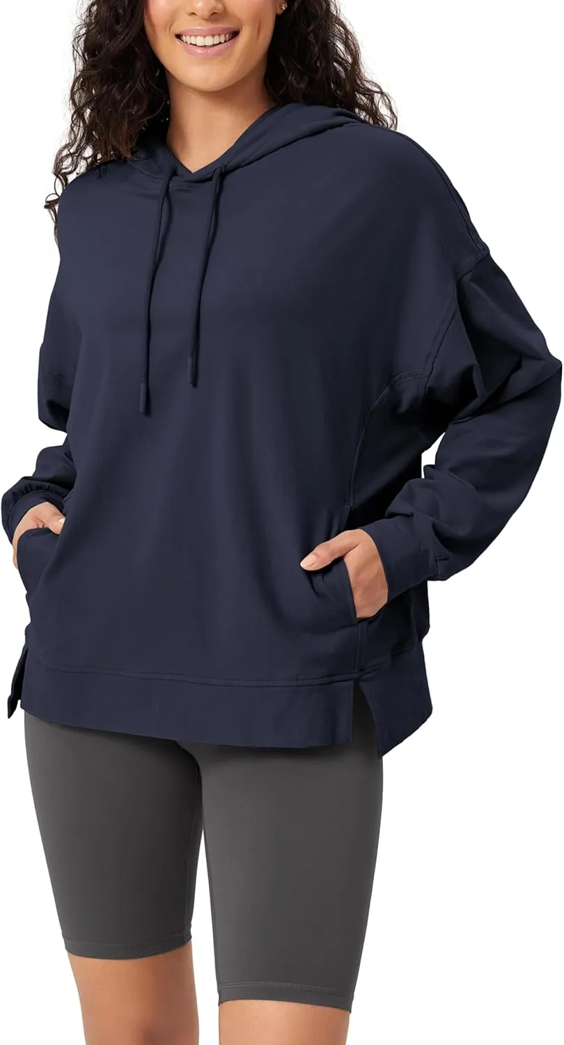 ODODOS Women's Purevibe Cotton Oversized Hoodies Side Slit Sweatshirts Long Sleeve Pullover Top with Pocket