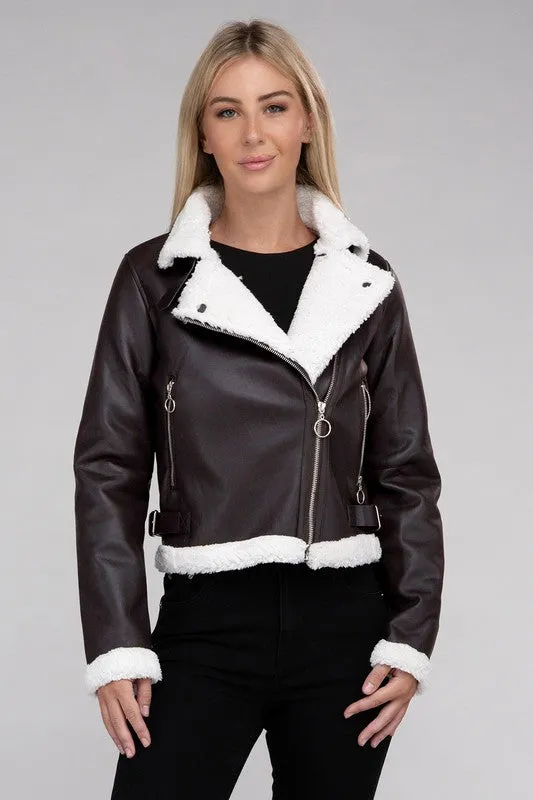 Plush Teddy Trimmed Pleather Jacket