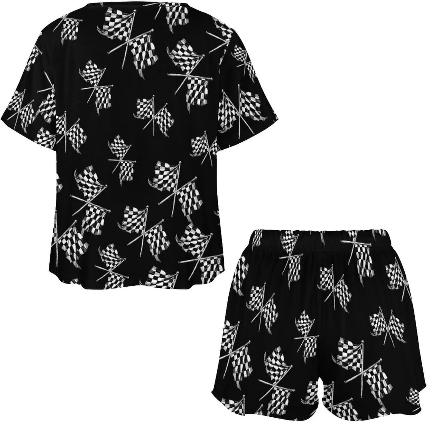 Racer Race Checkered Flags Women's Pajama Sets Short Sleeve Shirt And Shorts Cozy Sleepwear Loungewear Pjs