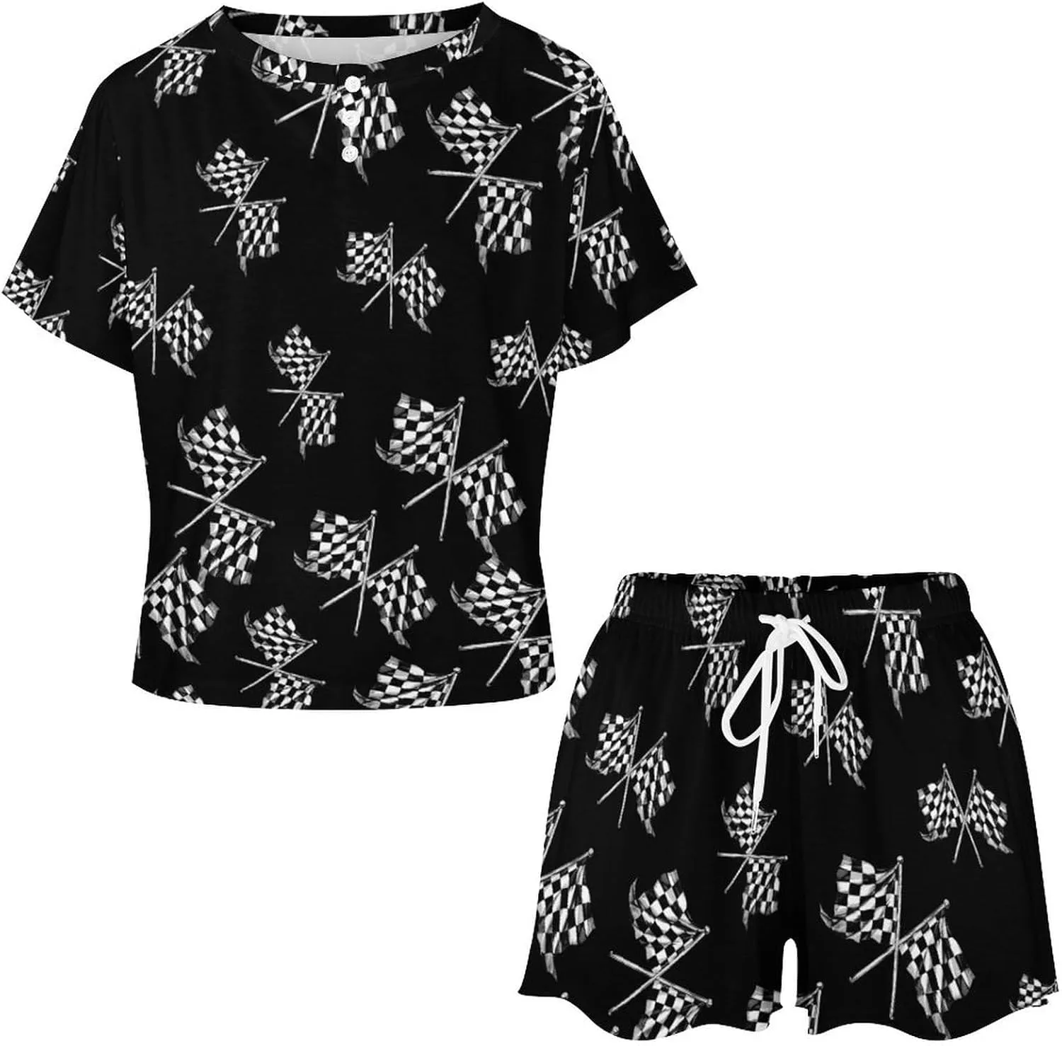 Racer Race Checkered Flags Women's Pajama Sets Short Sleeve Shirt And Shorts Cozy Sleepwear Loungewear Pjs