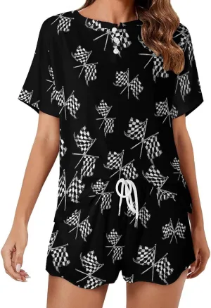 Racer Race Checkered Flags Women's Pajama Sets Short Sleeve Shirt And Shorts Cozy Sleepwear Loungewear Pjs