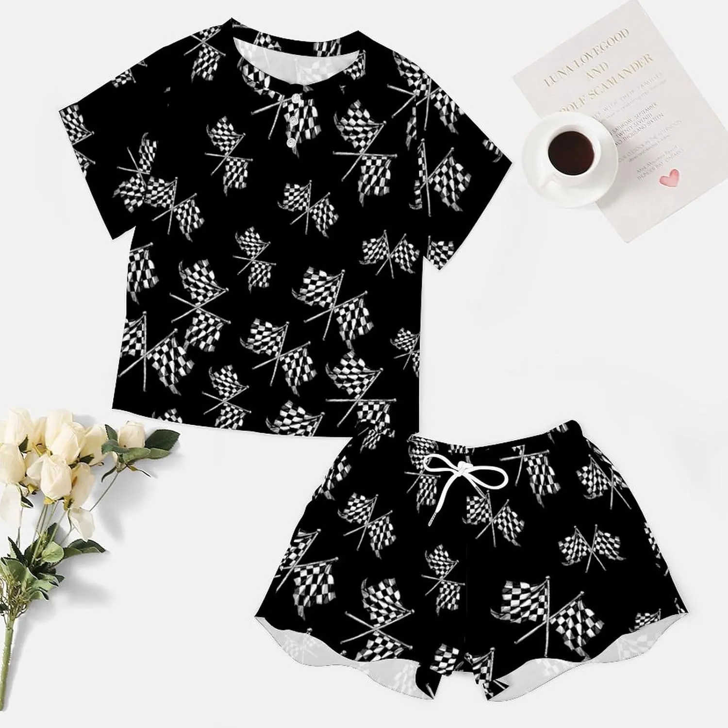 Racer Race Checkered Flags Women's Pajama Sets Short Sleeve Shirt And Shorts Cozy Sleepwear Loungewear Pjs