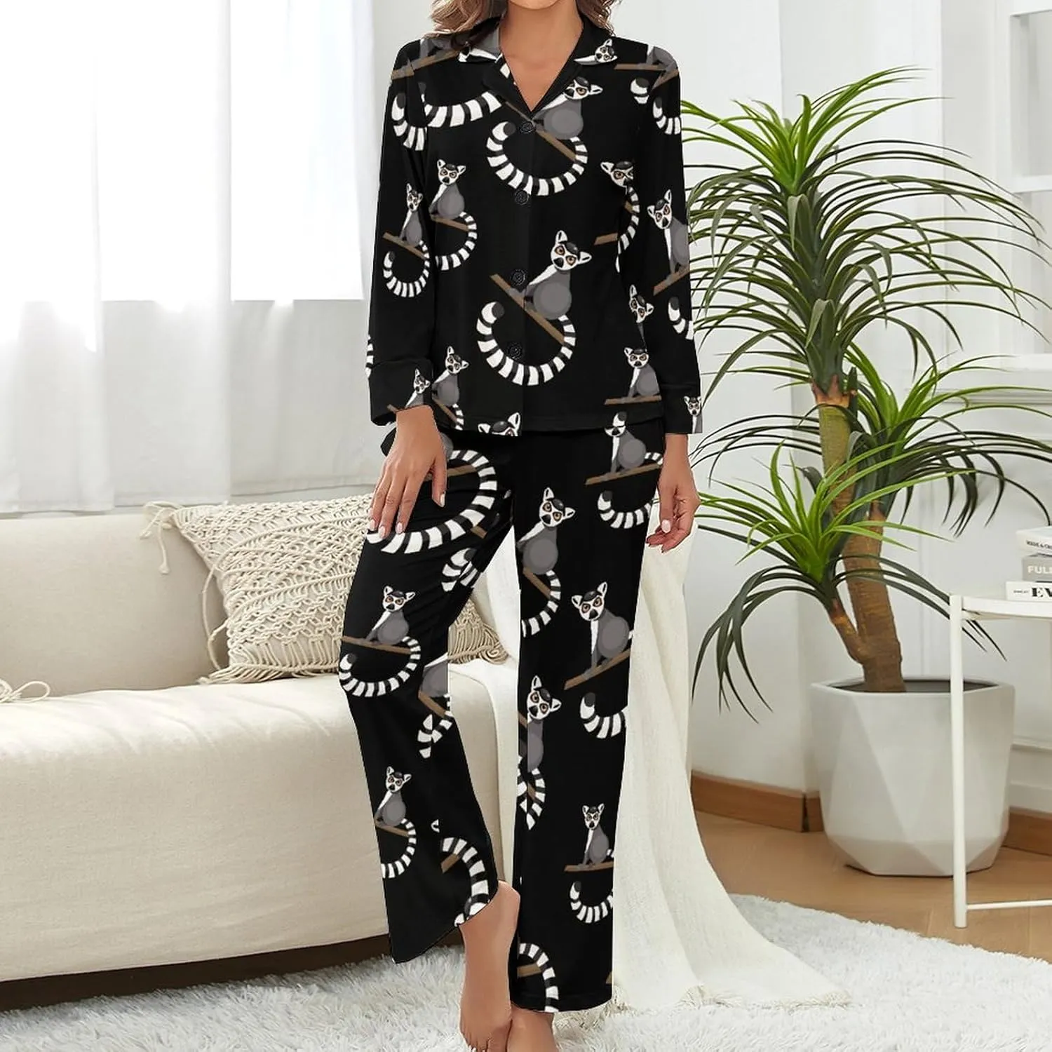 Ring Tailed Lemur 2 Pcs Pajamas For Women Set Cozy Satin Long Sleeve Sleepwear Nightwear Loungewear