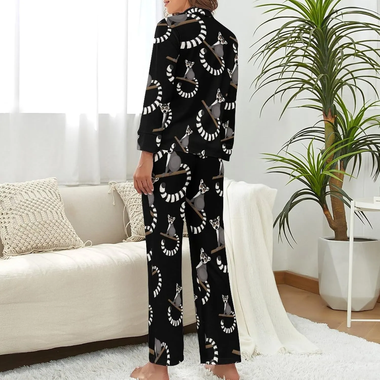 Ring Tailed Lemur 2 Pcs Pajamas For Women Set Cozy Satin Long Sleeve Sleepwear Nightwear Loungewear