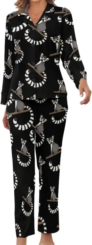 Ring Tailed Lemur 2 Pcs Pajamas For Women Set Cozy Satin Long Sleeve Sleepwear Nightwear Loungewear